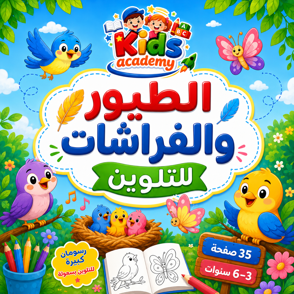 الطيور والفراشات للتلوين عمر 3–6 سنوات | كتاب PDF قابل للطباعة | 35 صفحة A4